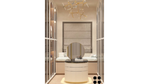 A luxurious walk-in closet with arched glass doors, a central island, and a built-in bench. B