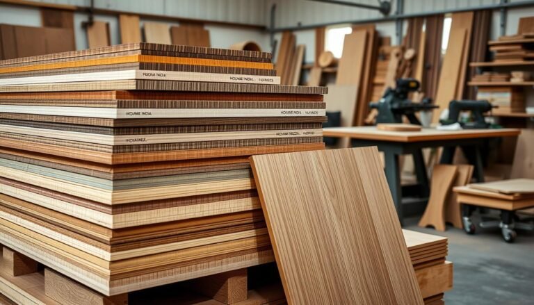Stacks of various wood veneers and plywood sheets labeled "Houme Wall" in a workshop or warehouse setting.