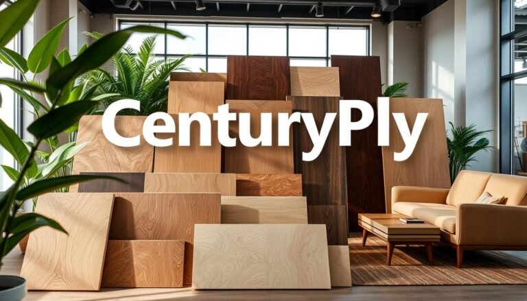 A showroom displaying a wide range of CenturyPly wood panels and veneers, with a comfortable seating area.
