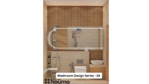 A modern washroom by Houme India with a wooden slat wall, a large rectangular mirror with a curved top, and a white sink and toilet. A
