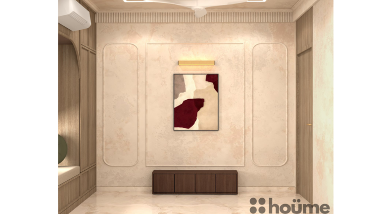 A bedroom interior with a beige color scheme, a bed with a headboard, a bedside table, and built-in wardrobes with an arched alcove. D