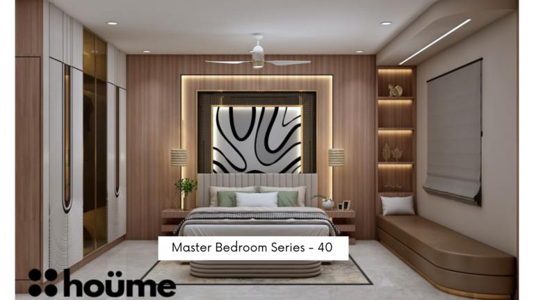 A bedroom interior with a wood-paneled statement wall, a bed with bedside tables, built-in wardrobes, and a window seat. A