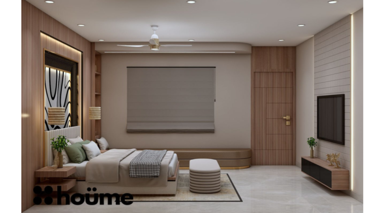 A bedroom interior with a wood-paneled statement wall, a bed with bedside tables, built-in wardrobes, and a window seat. B