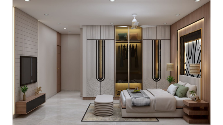 A bedroom interior with a wood-paneled statement wall, a bed with bedside tables, built-in wardrobes, and a window seat. C
