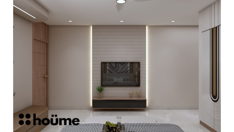 A bedroom interior with a wood-paneled statement wall, a bed with bedside tables, built-in wardrobes, and a window seat. D