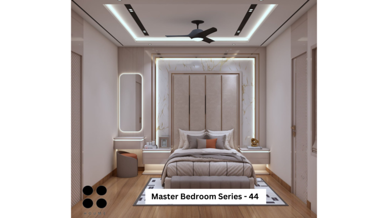 A digitally rendered image showcasing a modern master bedroom design with a neutral color palette, featuring a plush bed, a sleek vanity, and a stylish wardrobe. A