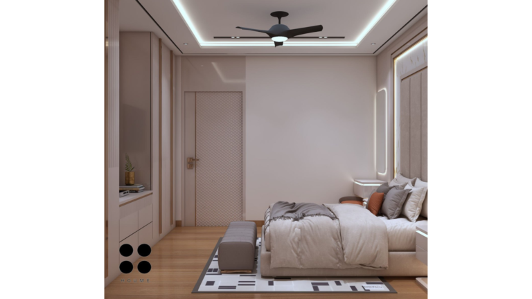 A digitally rendered image showcasing a modern master bedroom design with a neutral color palette, featuring a plush bed, a sleek vanity, and a stylish wardrobe. B