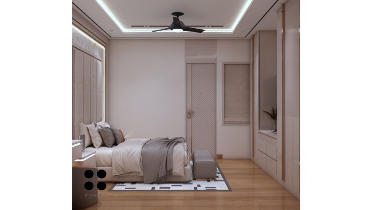 A digitally rendered image showcasing a modern master bedroom design with a neutral color palette, featuring a plush bed, a sleek vanity, and a stylish wardrobe. C