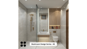 A digitally rendered image of a contemporary washroom interior featuring a walk-in shower, a vanity with a sink and mirror, a toilet, and wooden slat accents on the walls. A
