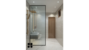 A digitally rendered image of a contemporary washroom interior featuring a walk-in shower, a vanity with a sink and mirror, a toilet, and wooden slat accents on the walls. B