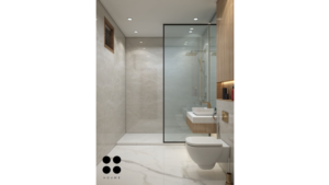 A digitally rendered image of a contemporary washroom interior featuring a walk-in shower, a vanity with a sink and mirror, a toilet, and wooden slat accents on the walls. C