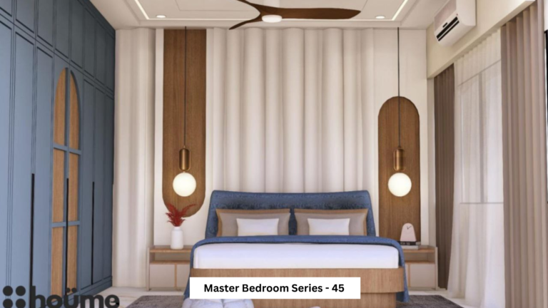 A digitally rendered image of a master bedroom interior featuring a blue upholstered bed, a blue wardrobe, wood-paneled accent walls, and modern pendant lights. A