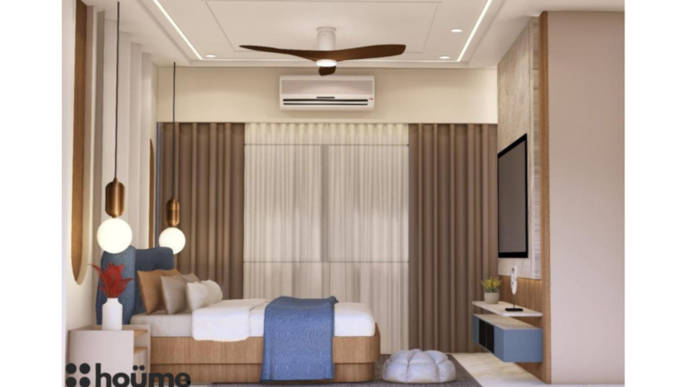 A digitally rendered image of a master bedroom interior featuring a blue upholstered bed, a blue wardrobe, wood-paneled accent walls, and modern pendant lights. D