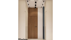 A digitally rendered image of a spacious walk-in closet featuring white wardrobes with long black handles and recessed lighting. B