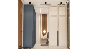 A digitally rendered image of a spacious walk-in closet featuring white wardrobes with long black handles and recessed lighting. D