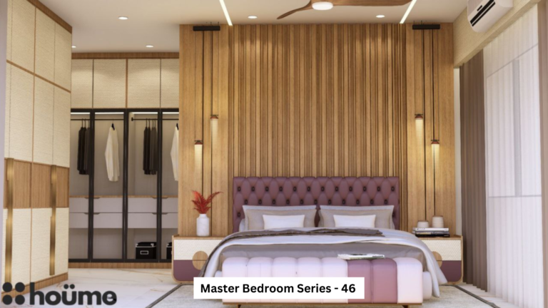 A digitally rendered image of a master bedroom interior with a purple tufted headboard, a wood-paneled accent wall, modern pendant lights, and a walk-in closet with clothes hanging. A