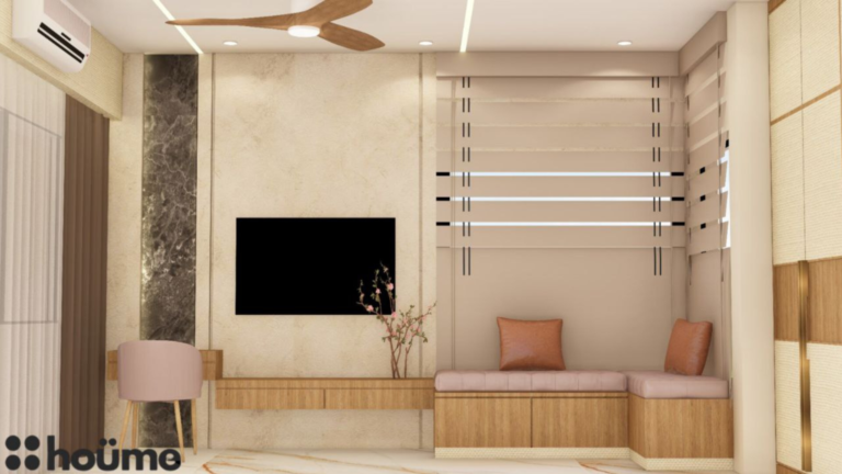 A digitally rendered image of a master bedroom interior with a purple tufted headboard, a wood-paneled accent wall, modern pendant lights, and a walk-in closet with clothes hanging. B