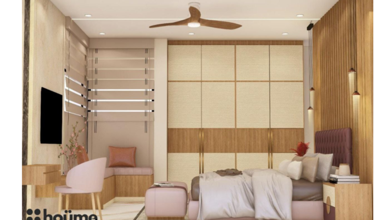 A digitally rendered image of a master bedroom interior with a purple tufted headboard, a wood-paneled accent wall, modern pendant lights, and a walk-in closet with clothes hanging. C