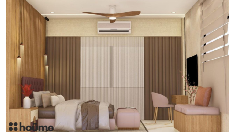 A digitally rendered image of a master bedroom interior with a purple tufted headboard, a wood-paneled accent wall, modern pendant lights, and a walk-in closet with clothes hanging. D