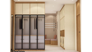 A digitally rendered image of a modern walk-in closet featuring glass-fronted wardrobes with clothes hanging, wood-paneled accents, and drawers below. B