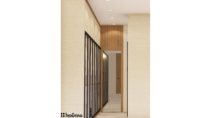 A digitally rendered image of a modern walk-in closet featuring glass-fronted wardrobes with clothes hanging, wood-paneled accents, and drawers below. C