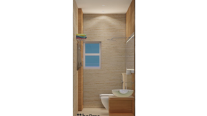 A modern washroom by Houme India with a wooden slat wall, a large rectangular mirror with a curved top, and a white sink and toilet. B