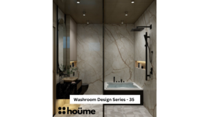 A modern washroom by Houme India with marble-like walls, a freestanding white bathtub, black shower and sink fixtures, and a wooden ceiling with recessed lighting. A