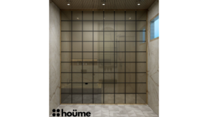 A modern washroom by Houme India with marble-like walls, a freestanding white bathtub, black shower and sink fixtures, and a wooden ceiling with recessed lighting. B