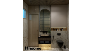 A modern washroom by Houme India with marble-like walls, a freestanding white bathtub, black shower and sink fixtures, and a wooden ceiling with recessed lighting. C