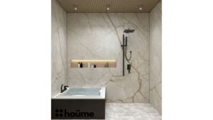 A modern washroom by Houme India with marble-like walls, a freestanding white bathtub, black shower and sink fixtures, and a wooden ceiling with recessed lighting. D