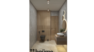 A modern washroom by Houme India with gray textured walls, a white sink and toilet, and a unique circular mirror with three illuminated rings. B