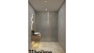 A modern washroom by Houme India with gray textured walls, a white sink and toilet, and a unique circular mirror with three illuminated rings. C