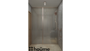 A modern washroom by Houme India with gray textured walls, a white sink and toilet, and a unique circular mirror with three illuminated rings. D