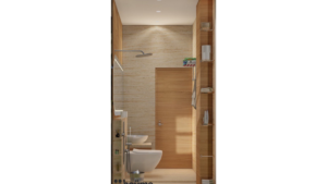 A modern washroom by Houme India with a wooden slat wall, a large rectangular mirror with a curved top, and a white sink and toilet. C