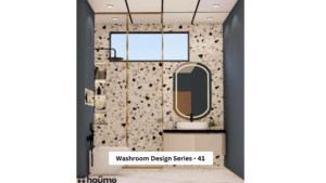A digitally rendered image of a contemporary washroom interior featuring a terrazzo-tiled accent wall, a black-framed shower, a floating vanity with an oval backlit mirror, and gold fixtures. A