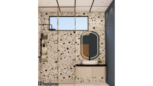 A digitally rendered image of a contemporary washroom interior featuring a terrazzo-tiled accent wall, a black-framed shower, a floating vanity with an oval backlit mirror, and gold fixtures. B