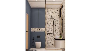A digitally rendered image of a contemporary washroom interior featuring a terrazzo-tiled accent wall, a black-framed shower, a floating vanity with an oval backlit mirror, and gold fixtures. C