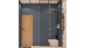 A digitally rendered image of a contemporary washroom interior featuring a terrazzo-tiled accent wall, a black-framed shower, a floating vanity with an oval backlit mirror, and gold fixtures. D