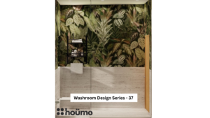 A modern washroom by Houme India with a vibrant green tropical wallpaper on one wall and light brown tiles on the others. A