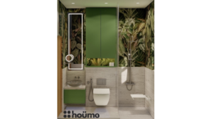 A modern washroom by Houme India with a vibrant green tropical wallpaper on one wall and light brown tiles on the others. C