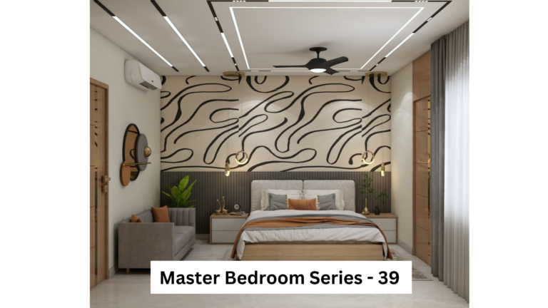 A bedroom interior with a feature wall displaying abstract line art, a bed with bedside tables, and a small sofa. A
