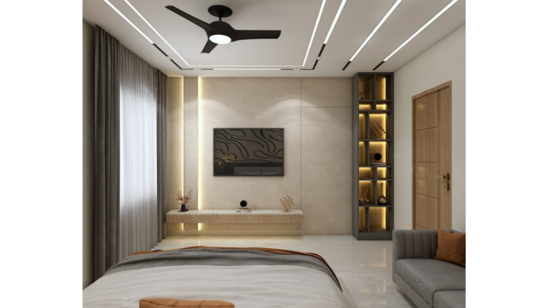 A bedroom interior with a feature wall displaying abstract line art, a bed with bedside tables, and a small sofa. B