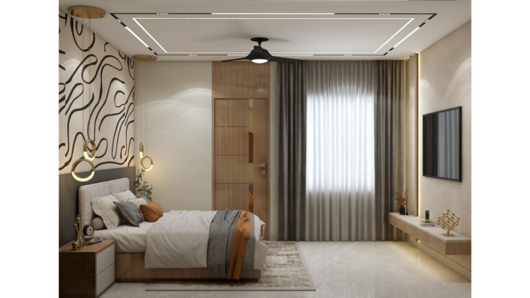 A bedroom interior with a feature wall displaying abstract line art, a bed with bedside tables, and a small sofa. C