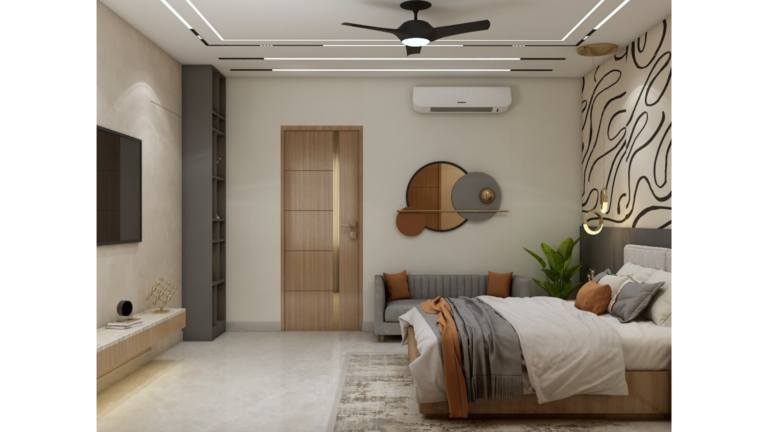 A bedroom interior with a feature wall displaying abstract line art, a bed with bedside tables, and a small sofa. D