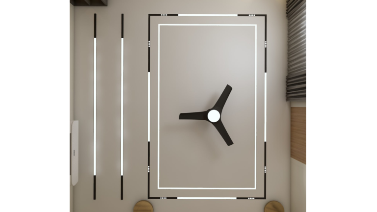A bedroom interior with a feature wall displaying abstract line art, a bed with bedside tables, and a small sofa. E