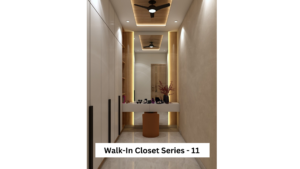 A walk-in closet with a large mirror, a built-in dresser, and open shelving. A