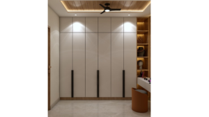A walk-in closet with a large mirror, a built-in dresser, and open shelving. B