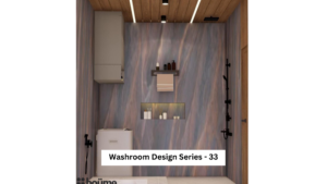A modern washroom design by Houme India with a gray textured accent wall, black bathroom fixtures, and a wooden ceiling with recessed lighting. A