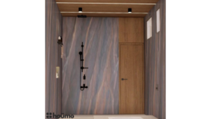A modern washroom design by Houme India with a gray textured accent wall, black bathroom fixtures, and a wooden ceiling with recessed lighting. D