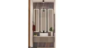 A modern washroom design by Houme India with a gray textured accent wall, black bathroom fixtures, and a wooden ceiling with recessed lighting. E